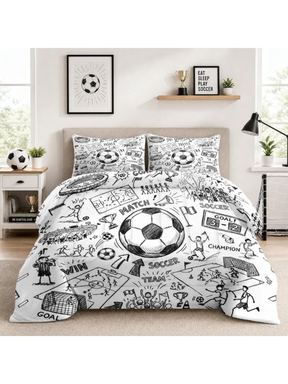 Soccer Game Queen Comforter Set - 3 Piece All-Season Bedding for Sports Lovers